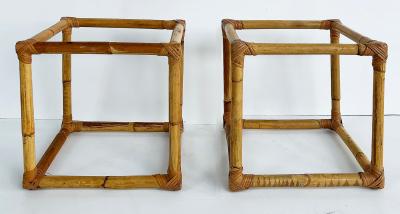  McGuire Furniture John and Elinor McGuire Pair of Mid Century Rattan Side Tables with Glass Tops