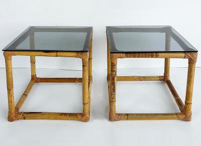  McGuire Furniture John and Elinor McGuire Pair of Mid Century Rattan Side Tables with Glass Tops