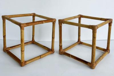  McGuire Furniture John and Elinor McGuire Pair of Mid Century Rattan Side Tables with Glass Tops
