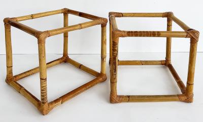 McGuire Furniture John and Elinor McGuire Pair of Mid Century Rattan Side Tables with Glass Tops