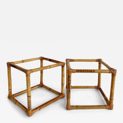  McGuire Furniture John and Elinor McGuire Pair of Mid Century Rattan Side Tables with Glass Tops
