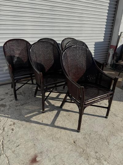  McGuire Furniture John and Elinor McGuire Set of 6 Maguire Dark Walnut Bamboo and Cane Dining Chairs