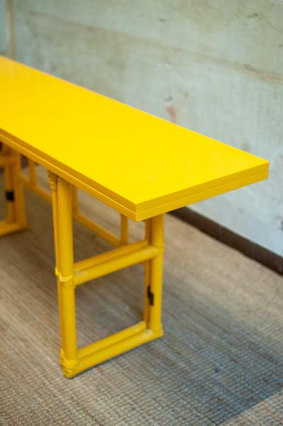  McGuire Furniture John and Elinor McGuire Yellow Lacquered Console with Flip Top Surface from McGuire San Francisco 1970s