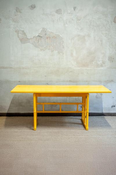  McGuire Furniture John and Elinor McGuire Yellow Lacquered Console with Flip Top Surface from McGuire San Francisco 1970s