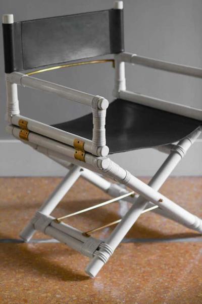  McGuire Furniture Lyda Levi McGuire directors chair in wood and leather with brass details 1970 