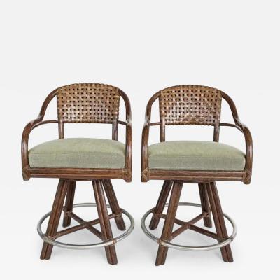  McGuire Furniture McGuire San Francisco Rattan Rawhide Swivel Stools Pair