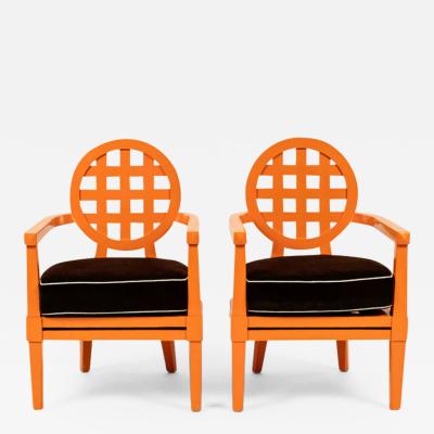  McGuire Furniture Pair Orange Mcguire Teak Portico Arm Chairs