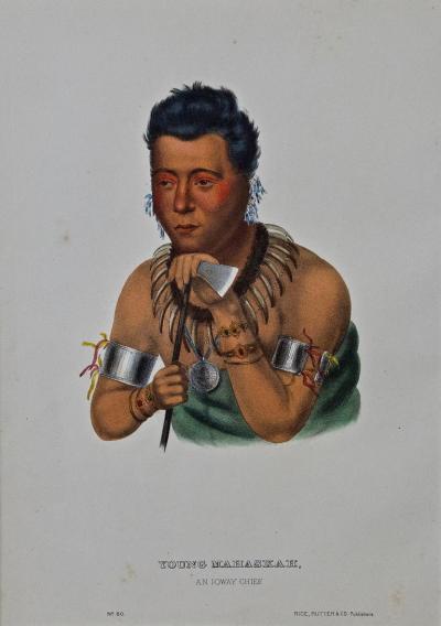  McKenney Hall Original Hand Colored McKenney Hall Lithograph Young Mahaskah Ioway Chief 