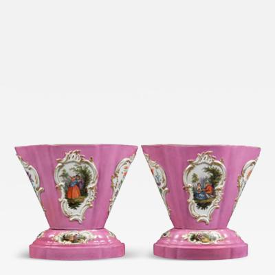  Meissen Porcelain Manufactory A PAIR OF MEISSEN PORCELAIN PINK GROUND CACHE POTS 19TH CENTURY