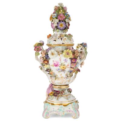  Meissen Porcelain Manufactory Large Meissen flower encrusted potpourri vase in the Rococo style