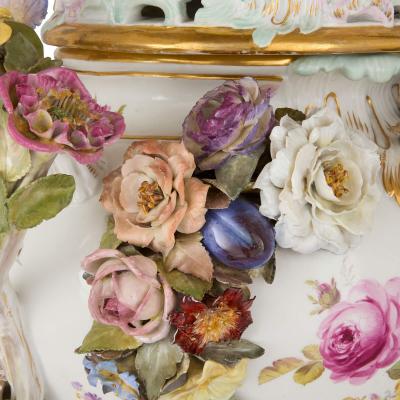  Meissen Porcelain Manufactory Large Meissen flower encrusted potpourri vase in the Rococo style