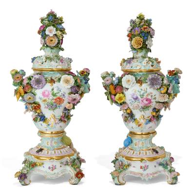  Meissen Porcelain Manufactory Large and Impressive Pair of Meissen Porcelain Flower Encrusted Vases