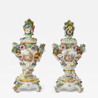  Meissen Porcelain Manufactory Large and Impressive Pair of Meissen Porcelain Flower Encrusted Vases