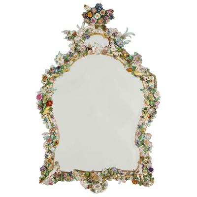  Meissen Porcelain Manufactory Large pair of antique Rococo style floral porcelain mirrors by Meissen