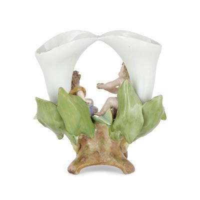  Meissen Porcelain Manufactory Meissen Double Cornucopia Floral Porcelain Vase with Cherubs