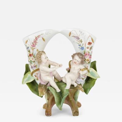  Meissen Porcelain Manufactory Meissen Double Cornucopia Floral Porcelain Vase with Cherubs