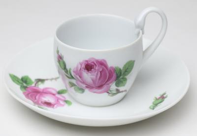  Meissen Porcelain Manufactory Meissen Swan Handle Demitasse Cup and Saucer in Rose Pattern 1950 Germany