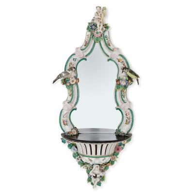  Meissen Porcelain Manufactory Pair of Meissen style porcelain and ebonised wood mirrored wall brackets