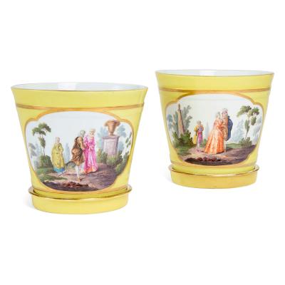  Meissen Porcelain Manufactory Pair of antique German painted porcelain cachepots by Meissen
