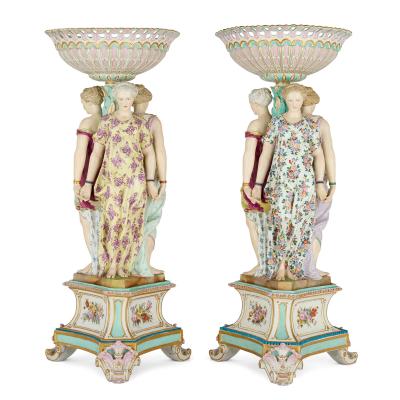  Meissen Porcelain Manufactory Pair of very large German porcelain figural centrepieces