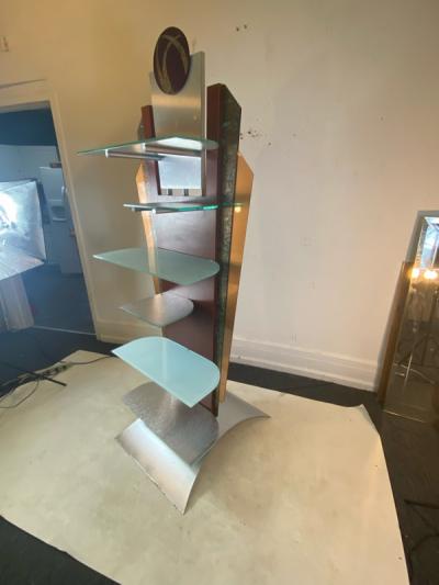  Memphis Design EXCEPTIONAL PAIR OF POST MODERN METAL LAMINATE AND LUCITE DISPLAY SHELVES