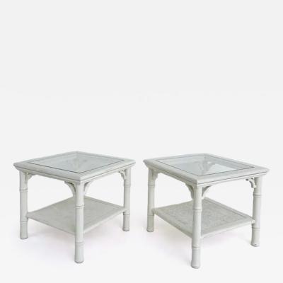  Mersman Mid Century Mersman Faux Bamboo Caned Side Tables with Glass Tops a Pair