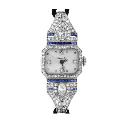  Meylan Ladys Platinum Diamond and Sapphire Art Deco Wristwatch