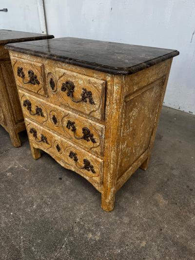  Minton Spidell Pair of Minton Spidell 3 Drawer Marble Top Antiqued Commodes