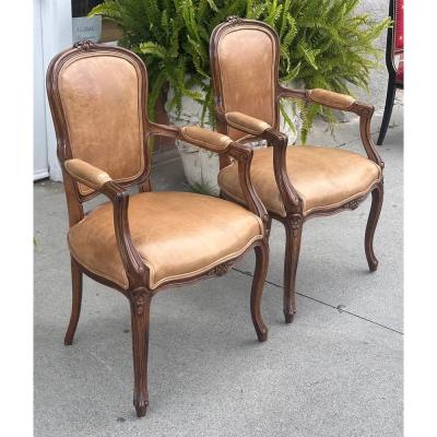  Minton Spidell Pair of Minton Spidell French Provincial Mahogany Leather Arm Chairs