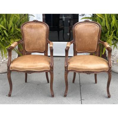  Minton Spidell Pair of Minton Spidell French Provincial Mahogany Leather Arm Chairs
