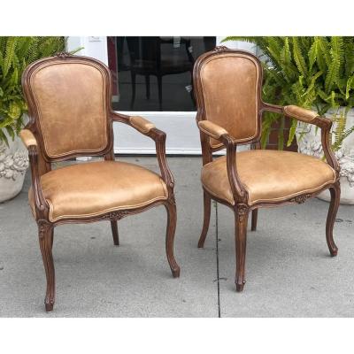  Minton Spidell Pair of Minton Spidell French Provincial Mahogany Leather Arm Chairs