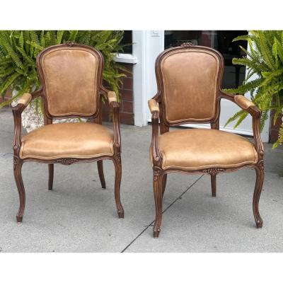  Minton Spidell Pair of Minton Spidell French Provincial Mahogany Leather Arm Chairs