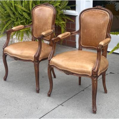  Minton Spidell Pair of Minton Spidell French Provincial Mahogany Leather Arm Chairs