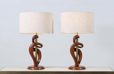  Modeline Mid Century Modern Sculpted Walnut Brass Table Lamps by Modeline of California