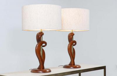  Modeline Mid Century Modern Sculpted Walnut Brass Table Lamps by Modeline of California