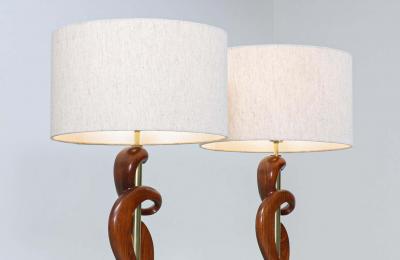  Modeline Mid Century Modern Sculpted Walnut Brass Table Lamps by Modeline of California