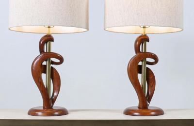  Modeline Mid Century Modern Sculpted Walnut Brass Table Lamps by Modeline of California