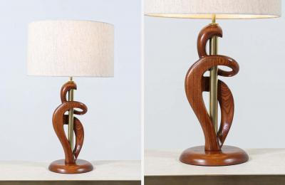  Modeline Mid Century Modern Sculpted Walnut Brass Table Lamps by Modeline of California