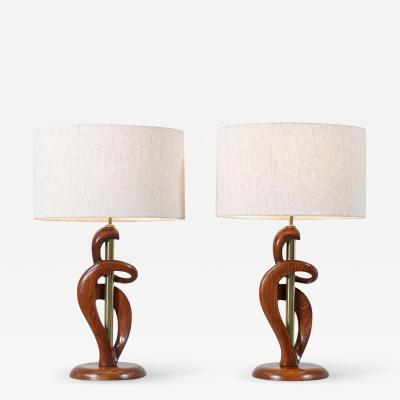  Modeline Mid Century Modern Sculpted Walnut Brass Table Lamps by Modeline of California
