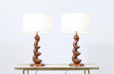  Modeline Mid Century Modern Sculpted Walnut Twist Table Lamps by Modeline of California