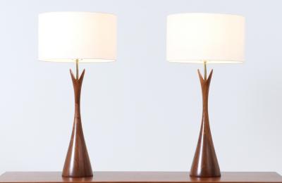  Modernera Lamp Co Mid Century Modern Sculpted Walnut Table Lamps by Modernera Co 