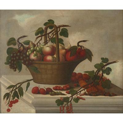  Monogrammist P H Still life painting of fruit in a basket
