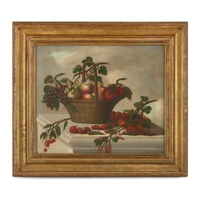  Monogrammist P H Still life painting of fruit in a basket