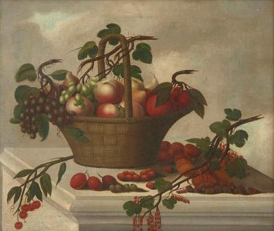  Monogrammist P H Still life painting of fruit in a basket