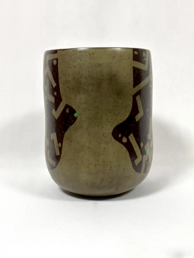  Morino Hiroaki Taimei Two handled Double lipped Flower Vase Aubergine with Gold and Green