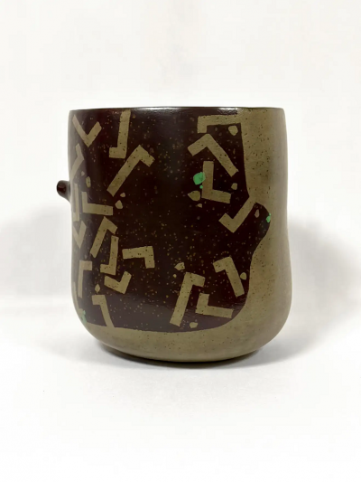  Morino Hiroaki Taimei Two handled Double lipped Flower Vase Aubergine with Gold and Green