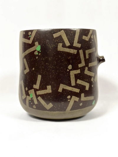  Morino Hiroaki Taimei Two handled Double lipped Flower Vase Aubergine with Gold and Green
