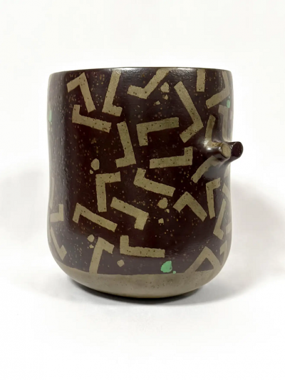  Morino Hiroaki Taimei Two handled Double lipped Flower Vase Aubergine with Gold and Green