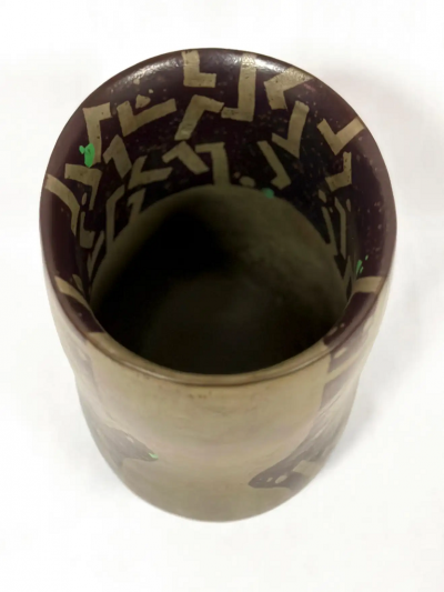  Morino Hiroaki Taimei Two handled Double lipped Flower Vase Aubergine with Gold and Green