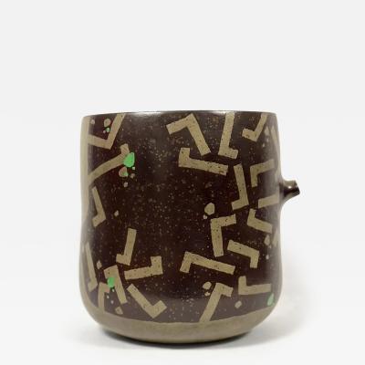  Morino Hiroaki Taimei Two handled Double lipped Flower Vase Aubergine with Gold and Green